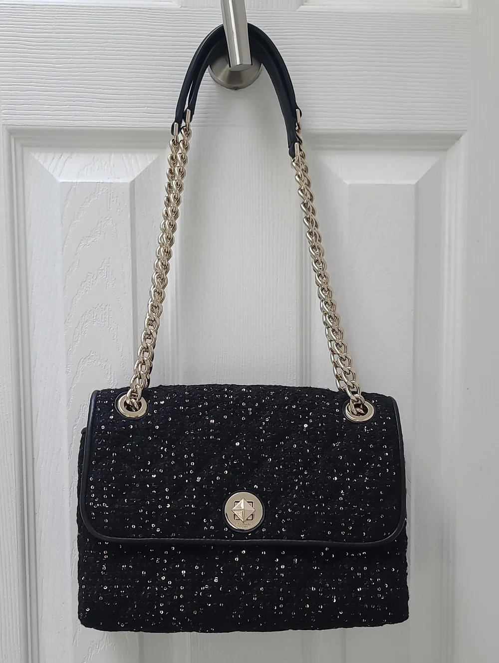 Kate Spade Black Sequin Tweed Fabric, Flap Shoulder Bag Or Crossbody